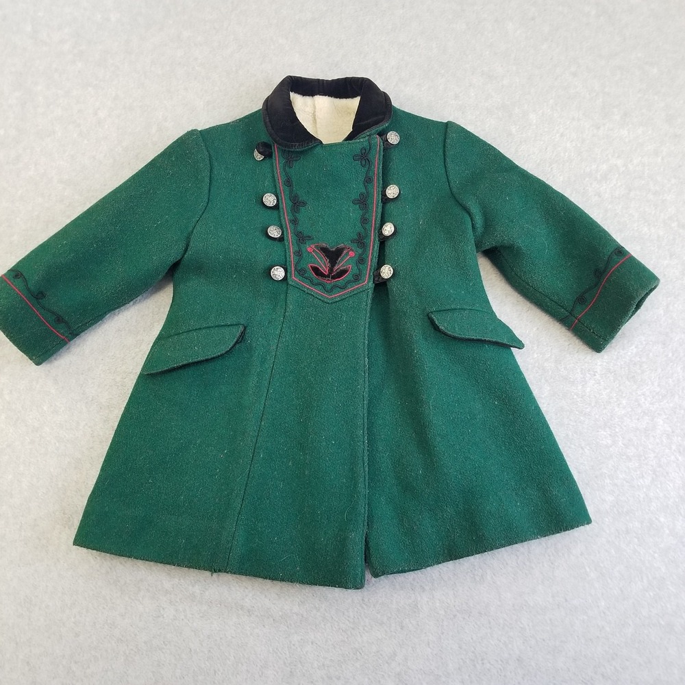 VTG Rothschild Coat Girls 4 Green Wool Vintage Embroidered Buttons Classic